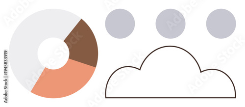 Data visualization, cloud computing, information sharing, analytics, storage, digital design. Pie chart with cloud outline and three gray circles. Data visualization and cloud computing concept