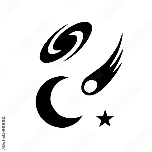 3Now you’ve uploaded a second set — celestial silhouettes: spiral galaxy, crescent moon, comet, and star. I see a clear thematic contrast emerging: one pack rooted in horror-fantasy (spider, candle, g