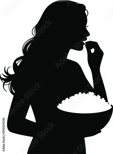 Black silhouette of a woman eating popcorn while watching a movie for cinema entertainment and healthy snacking concept