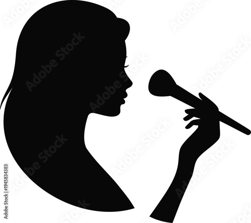 Black silhouette of a woman profile holding a makeup brush for beauty application on white background for cosmetics industry