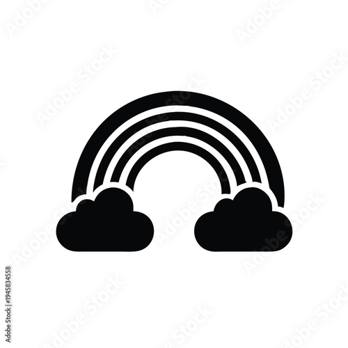Clean and modern flat black silhouette icon of a graceful rainbow with two clouds, symbolizing happiness and dreams