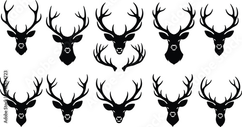 Deer head silhouette collection, stag antlers logo set, black wildlife animal icons, hunting trophy design elements, forest deer head vector illustration