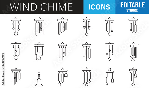 Traditional wind chime ornament outline icons minimalist vector collection