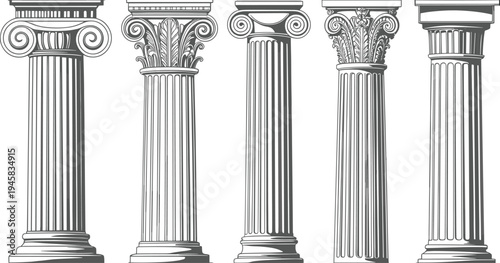 WebClassical architectural columns illustration, Ionic Corinthian Doric styles, ancient Greek Roman design, decorative art, historical architecture, cultural heritage, educational pattern