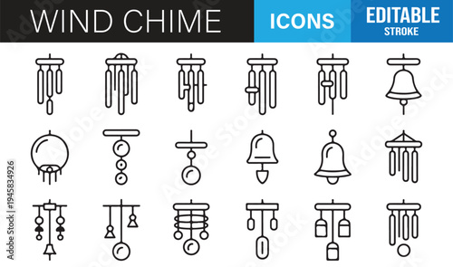 Wind chime outline icons set editable stroke decorative hanging bell vector collection