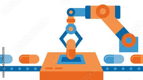 Robotic arm manufacturing pill on conveyor belt for pharmaceutical automation concept
