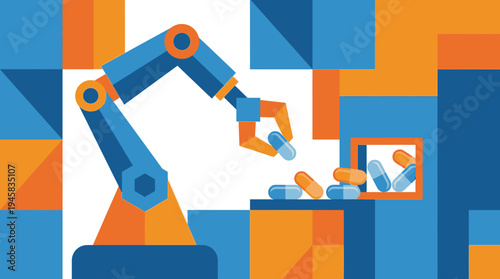 Automated robotic arm packing medical pills into box for pharmacy industry