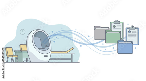 Futuristic medical examination pod with digital health records and folders data stream