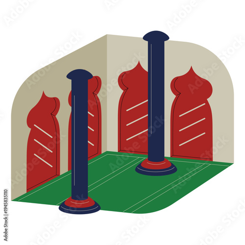 Flat illustration of an Islamic architectural interior with pillars and arched windows