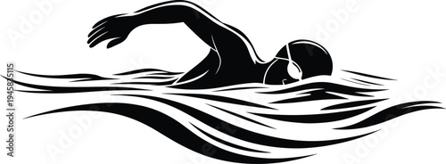 Black silhouette of professional swimmer with goggles performing freestyle stroke in waves for competitive sports and athletic training