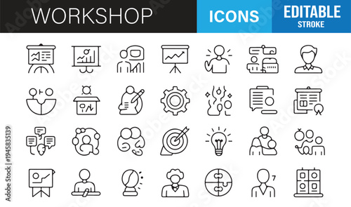Business education workshop icons outline style editable stroke vector pack