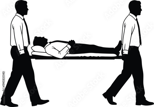 Two businessmen carrying a person on a stretcher during an emergency or medical situation