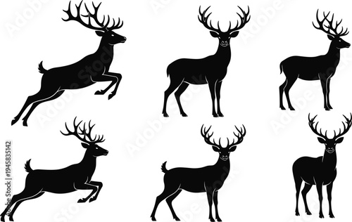 Elegant deer silhouette set, collection of majestic stag antlers wildlife animals, black vector style forest mammal design elements, jumping standing nature illustration