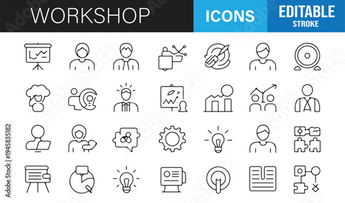 Seminar training and teamwork minimal line icon collection editable vector set