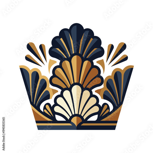Art Deco Crown Motif in Navy Gold and Ivory Ornamental Geometry