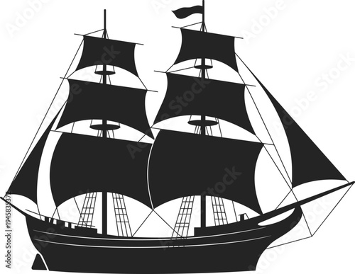 Black silhouette of vintage sailing ship with large sails for maritime adventure concept cad drawing flat vector illustration design element
