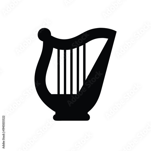 Simple black silhouette of a harp on a white background, elegant and classic