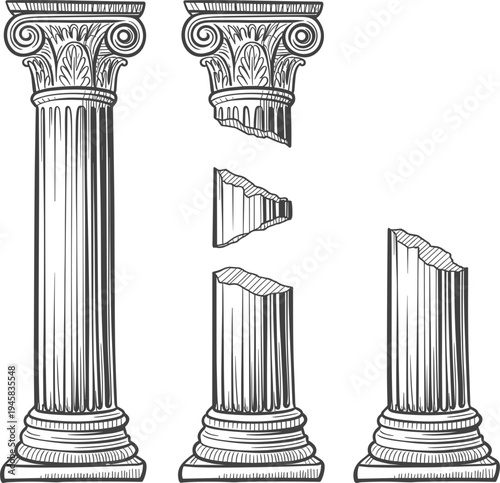 Hand drawn vintage sketch of antique roman columns and broken architectural ruins