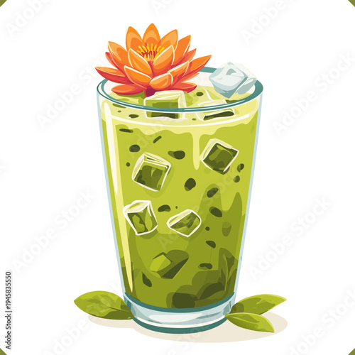 Vector illustration of iced matcha drink in tall glass with ice cubes, mint leaves and flower garnish, isolated on a white background