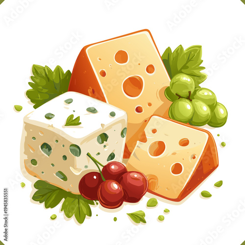 Vector illustration of assorted cheese wedges with blue cheese and grapes, isolated on a white background