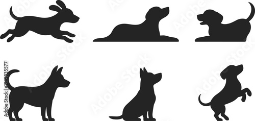 silhouettes of various dog breeds in poses including running jumping sitting and standing for pet care services