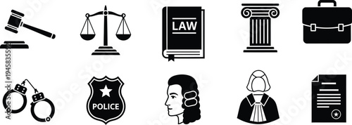 Set of legal and justice icons including a gavel, scales of justice, law book, and judge.