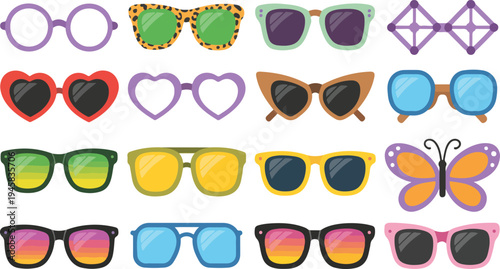 vector set of novelty sunglasses featuring heart butterfly and retro geometric frame shapes for festivals and parties