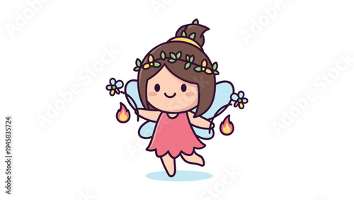 A cute cartoon fairy character with brown hair wearing a floral crown and a simple pink dress Vector