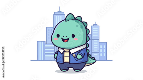 A cute cartoon dinosaur character standing in front of a stylized blue city skyline silhouette Vector