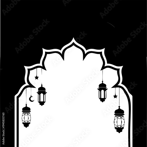 ramadan kareem islamic arch silhouette with hanging lanterns and moon