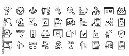 Survey web icons in line style. Opinions, rewiev, feedback, exam, collection.Editable stroke. Vector illustration.