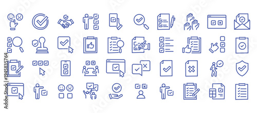 Survey web icons in line style. Opinions, rewiev, feedback, exam, collection.Editable stroke. Vector illustration.