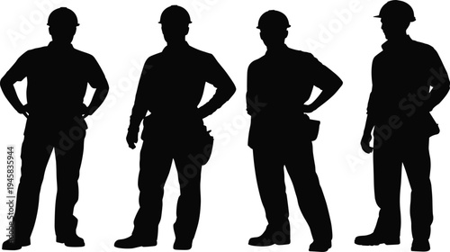 WebConstruction workers silhouettes standing, industrial labor concept, teamwork and safety, workforce unity, hard hats protection, professional occupation, building industry, corporate labor force