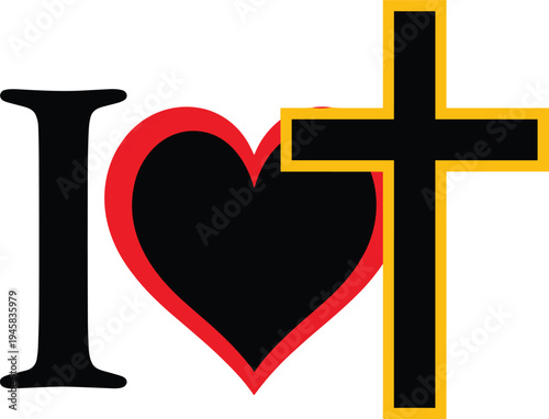 I love Jesus cross symbol, Christian faith heart design, religious Christianity concept illustration, spiritual devotion graphic for church, worship, belief