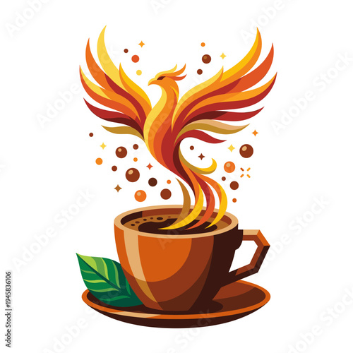 Phoenix Rising from Coffee Cup in Surreal Caffeine Inspiration Concept