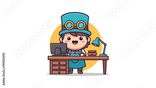 A cute chibi character wearing a steampunk hat while working at a wooden desk with a computer set Vector