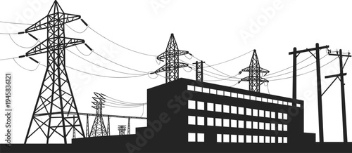WebElectrical power station silhouette with transmission towers, utility poles, power lines, energy infrastructure, electricity distribution, industrial building, urban technology illustration