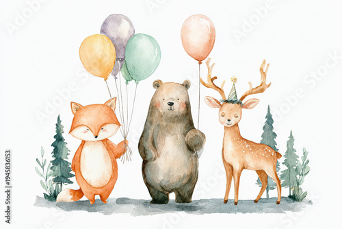 Cute Woodland Animals Celebrating with Balloons