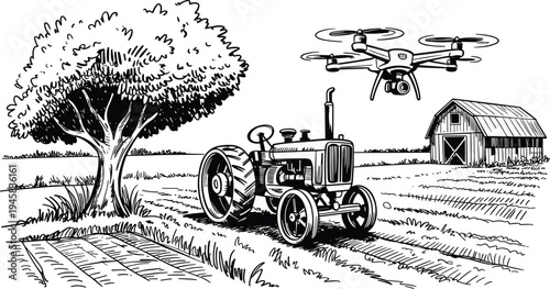 Smart farming with tractor and agricultural drone over rural field with barn