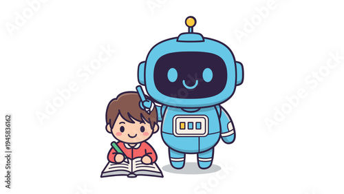 A cute illustration of a friendly blue robot helping a young school boy with his homework studies Vector
