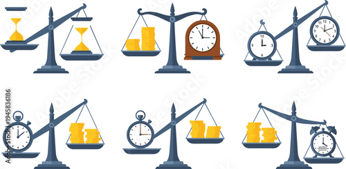 Set of time and money balance concept icons featuring scales with hourglasses clocks gold coins and stopwatches in flat cartoon style for business design.