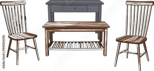 Rustic wooden table and chairs set, vintage farmhouse furniture illustration, kitchen dining interior decor, wooden bench table vector collection