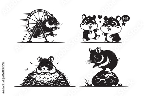 Hamster Silhouette Vector Set, Cute Pet Hamster Collection, Hamster Sitting, Eating, Running Animal Illustration Pack, hamster silhouette, hamster vector, hamster illustration, pet hamster silhouette
