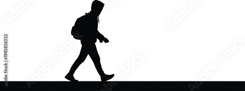 Black and white vector silhouette of a person wearing a hoodie and backpack walking along a path isolated on white