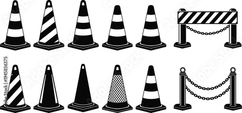 Traffic cone and road barrier collection, construction safety equipment icons set isolated vector illustration for traffic control, roadwork warning signage