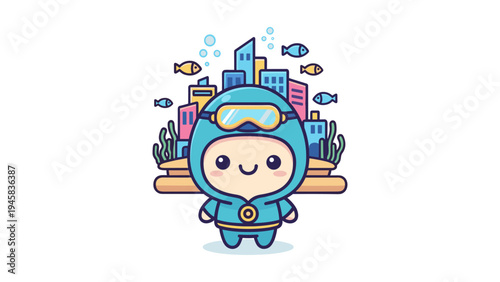 A cute cartoon diver standing in front of a colorful underwater city with swimming tropical fish Vector