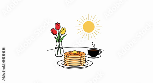 A sunny morning breakfast with pancakes, coffee, and tulips