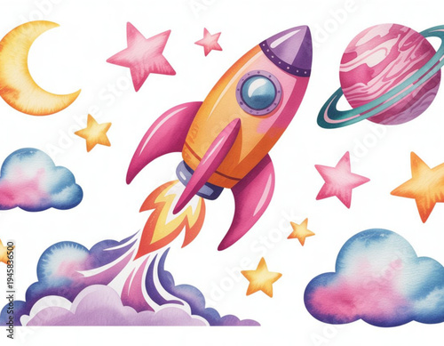 Colorful cartoon rocket ship flying among whimsical clouds and stars