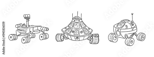 Three illustrated space vehicles featuring a Mars rover, a lunar lander, and a futuristic vehicle, all depicted in a simple black and white style