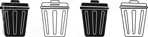 Trash bin icon set, garbage waste container silhouettes and outline symbols, recycle disposal vector illustration, household sanitation trash can collection